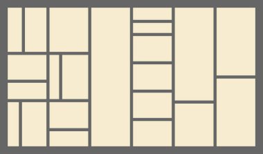 Boyutlar 16x9 modaya uygun bento ızgara tasarımı tuğla Ui UX şablonları. Dik açılı web çizgi romanları Y2k ve değişik boyutlarda vahşi şekiller içeren farklı panel düzenleri Vektör illüstrasyonları
