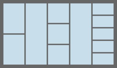 Boyutlar 16x9 modaya uygun bento ızgara tasarımı tuğla Ui UX şablonları. Dik açılı web çizgi romanları Y2k ve değişik boyutlarda vahşi şekiller içeren farklı panel düzenleri Vektör illüstrasyonları