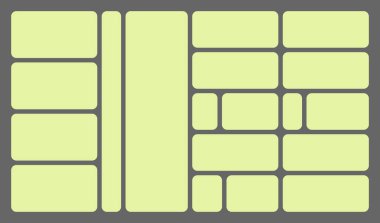 Boyutlar 16x9 modaya uygun bento ızgara tasarımı tuğla Ui UX şablonları. Web çizgi romanları, yuvarlak köşeler. Y-2k ve vahşi şekilli farklı paneller farklı boyutlarda fayanslar Vektör illüstrasyonu.