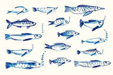 Pastel boya ile çizilmiş çeşitli balıklar. Karalama şekilleri. Sevimli deniz deseni. Deniz çocukları okulu geçmişi. Beyaz arkaplanda tebeşir çizimi var. Vektör illüstrasyonları.
