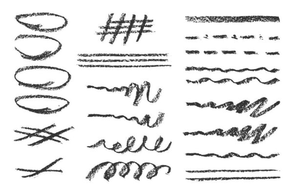 Угольный карандаш ручной рисунок кудрявые линии, всплеск, закорючки и формы. Черные элементы на белом фоне. Гранж мелом карандаш каракули каракули текстуры каракули. Грубые карандашные штрихи. Векторная иллюстрация