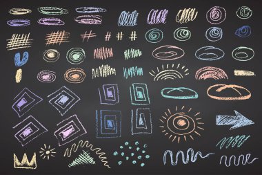 Kömür kalem el kıvırcık kıvrımlı şekiller çiziyor, sıçrıyor ve karalanıyor. Siyah karatahta tebeşir elementleri Grunge tebeşir pastel boya kalemi karalaması doku pürüzlü pastel boya çizimi çizimi.