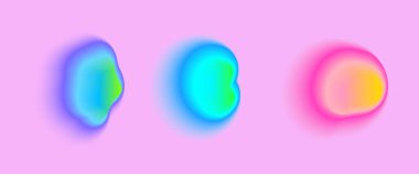 Renk neon düzensiz kütle eğimini ayarlayın, karıştırın. Açık pembe arkaplanda soyut renkli bulanık şekiller. Soyut y2k pop tasarım elementleri Aura konsepti ve parlak efektli Vektör illüstrasyonu