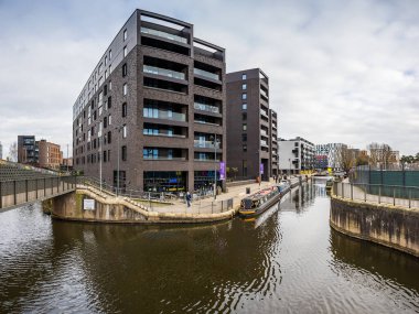 A multi image panorama of Cotton Field Wharf between the Rochdale Canal and New Islington marina seen in Manchester in February 2023.
