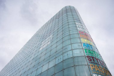 Looking up at the National Football Museum which dominates part of the Manchester skyline seen in February 2023.
