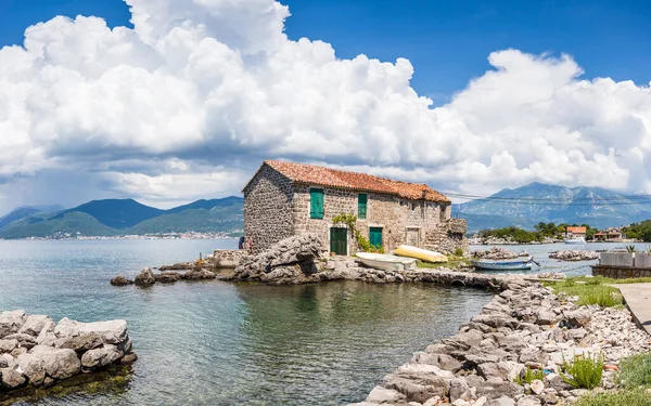 Multi Image Panorama Colourful Fishermans House Bjelila Montenegrin Coastline May Stock Image