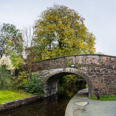 Shropshire Union Kanalı 'nın sonbaharda görülen Llangollen' de 46W olarak bilinen tuhaf bir köprü..