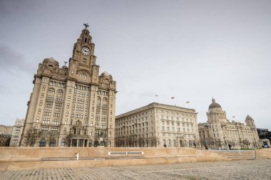 Royal Liver Binası, Cunard Binası ve Liverpool Limanı 'ndan oluşan Three Graces, Liverpool rıhtımında bulutlu bir gökyüzünün altında görüldü..