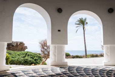 Rodos 'taki Kallithea Springs' teki kemer yolundan yalnız bir palmiye ağacına bak..