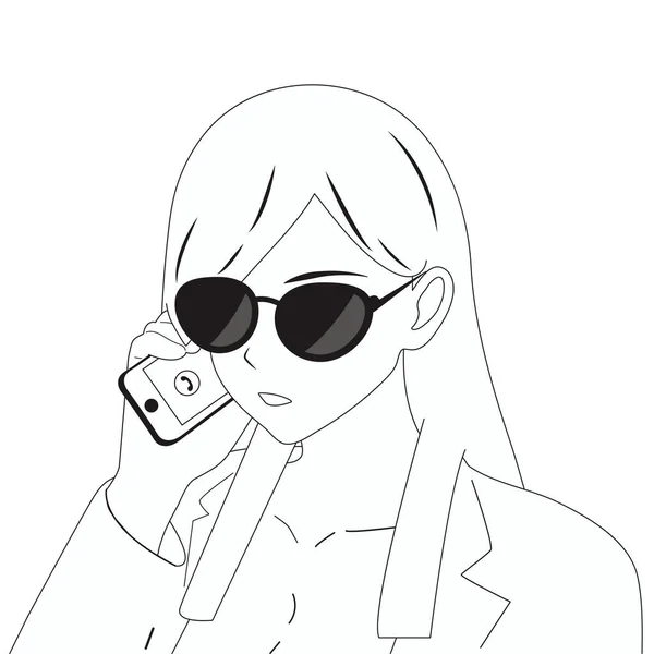 Preto Branco Menina Com Óculos Falando Telefone Trabalho Escritório Negócios — Vetor de Stock