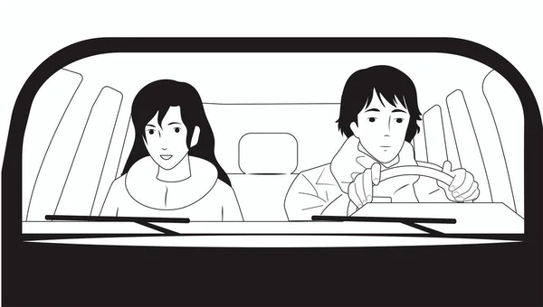 Μια Κοπέλα Ένας Άντρας Οδηγούν Αμάξι Ασπρόμαυρο Διάνυσμα — Διανυσματικό Αρχείο