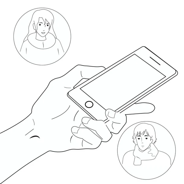 Blanco Negro Usar Smartphone Para Comunicarse — Vector de stock