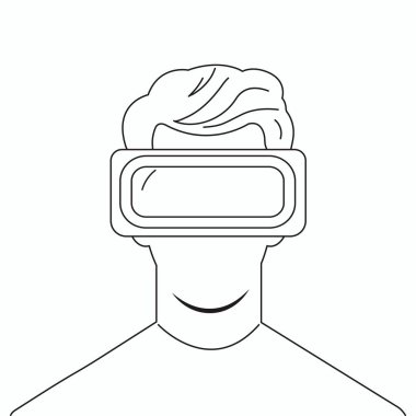 Sanal gerçeklik gözlüğü takan adam, modern artırılmış gerçeklik teknolojisi, düz vektör çizimi. Uzaktan iletişim için aygıt Siyah ve Beyaz