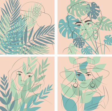 Zarif Çizgi Sanat Portreleri Minimalist Tropikal Yaprak Tasarımları ve Sıcak, Toprak Yüzlü Kadın Yüzleri ile Boho Şık Özgeçmişi