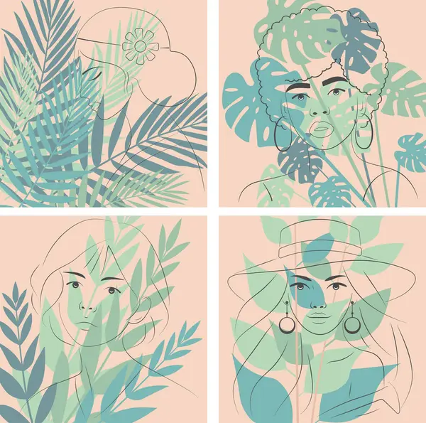 Zarif Çizgi Sanat Portreleri Minimalist Tropikal Yaprak Tasarımları ve Sıcak, Toprak Yüzlü Kadın Yüzleri ile Boho Şık Özgeçmişi