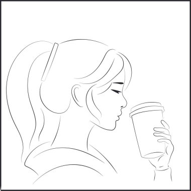 Uzun saçlı Asyalı kadının portresi Kapalı Gözlü Kahvenin tadını çıkarıyor