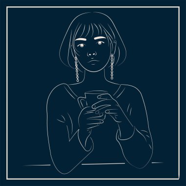 Kafede çay ya da kahve içen Asyalı bir kız. Satır sanatı