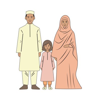Arap aile mutluluğu, geleneksel kıyafetli baba, tesettürlü anne, kız.