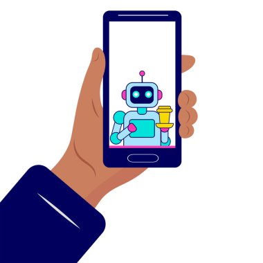 Robot ve bir fincan kahve. El, akıllı telefon..