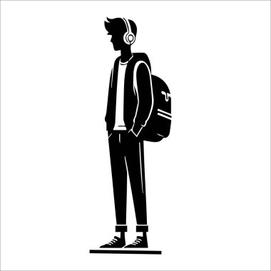Sırt çantalı ve kulaklıklı genç çocuk, Modern Portre 'nin Silueti