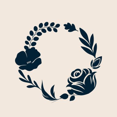 El çizimi siyah ve beyaz bir çelenk dairesel biçimdedir, gelincikler, güller ve meşe ve akçaağaç gibi çeşitli yapraklardan oluşan çiçek elementlerinden oluşur. Bu minimalist botanik çerçeve modern tasarımlar, davetiyeler ve posterler için mükemmeldir.