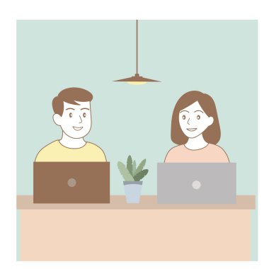 Bilgisayarda çalışan bir kadın ve arka planda ofis ekibi. Düz ve özet