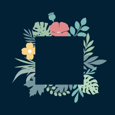 Koyu arkaplandaki tebrik kartı için kare çiçek çerçevesi. Düz ve özet biçimi