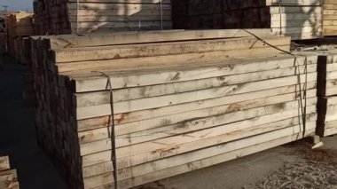 Rıhtımdaki iskelede kereste deposu. Endüstriyel odun, deniz nakliyesi için çam kerestesi