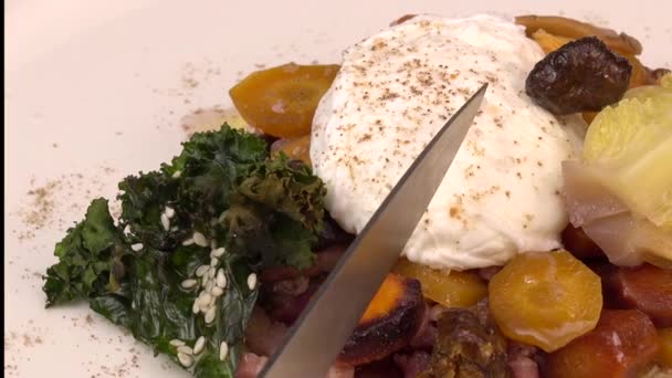 Recipe Braised Cabbage Multicoloured Carrots Onions Chanterelle Mushrooms Poached Egg — Stock Video