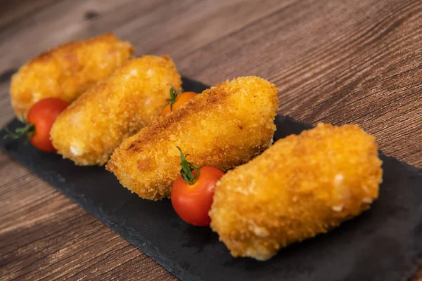 Homemade Traditional Spanish Croquettes Croquetas Black Plate Fork Tapas Food Stock Image
