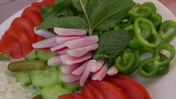 Talíř Čerstvého Zeleninového Salátu Rajčat Okurky Cibule Okurky Nakládačky Ředkvičky — Stock video