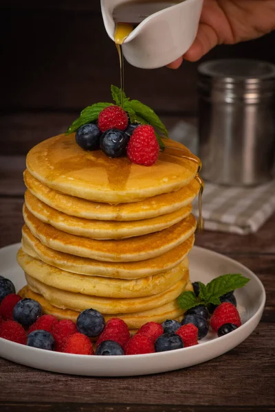 Recipe Maple Syrup Pancakes Raspberry Blueberry Filling High Quality Photo Stock Image
