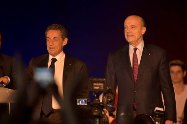 BORDEAUX, FRANCE - NOVEMBER 22, 2014 : Political meeting of the former President of the Republic, Nicolas Sarkozy in Bordeaux with Alain Juppe Mayor of the City. High quality photo