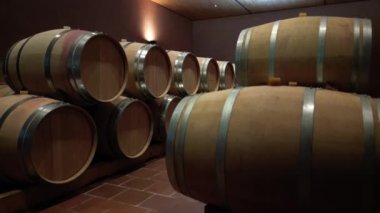 Depo ahşap fıçılarla dolu, mahzende üretilen alkollü şarap içecekleri, Bordeaux Vineyard, Medoc, yüksek kaliteli 4K görüntüler.