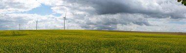 Elektrik enerjisi için yel değirmenleri, bulutlu bir gökyüzü, temiz ve yenilenebilir enerjili enerji üretimi, yüksek kaliteli fotoğraf...