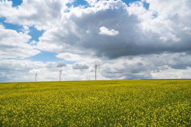 Elektrik enerjisi için yel değirmenleri, bulutlu bir gökyüzü, temiz ve yenilenebilir enerjili enerji üretimi, yüksek kaliteli fotoğraf...