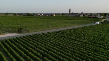 Nouvelle Aquitaine France 'da şarap üreten Pomerol şarabının havadan görünüşü, üzüm bağı tarlaları, yüksek kalitede 4K görüntü.