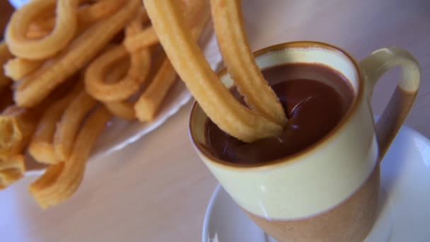 Slow Motion Footage Dipping Spanish Churros Hot Chocolate Sauce High — Stock Video