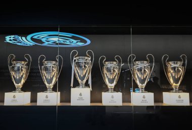 MADRID, İspanya - 16 Kasım 2023: UEFA Avrupa Şampiyonlar Ligi Real Madrid Futbol Kulübü 'nde Avrupa Kupası ödüllerinin ayrıntıları. Yüksek kalite fotoğraf