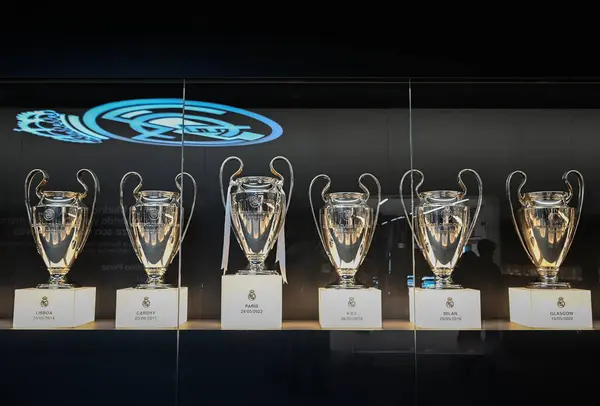 MADRID, İspanya - 16 Kasım 2023: UEFA Avrupa Şampiyonlar Ligi Real Madrid Futbol Kulübü 'nde Avrupa Kupası ödüllerinin ayrıntıları. Yüksek kalite fotoğraf