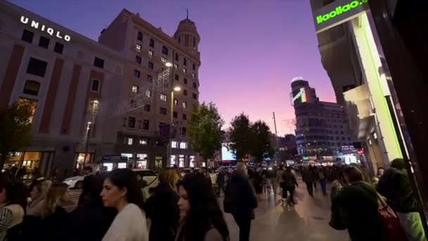 Мадрид Іспанія Листопада 2023 Гран Віа Місце Мадриді Вночі Іспанія — стокове відео