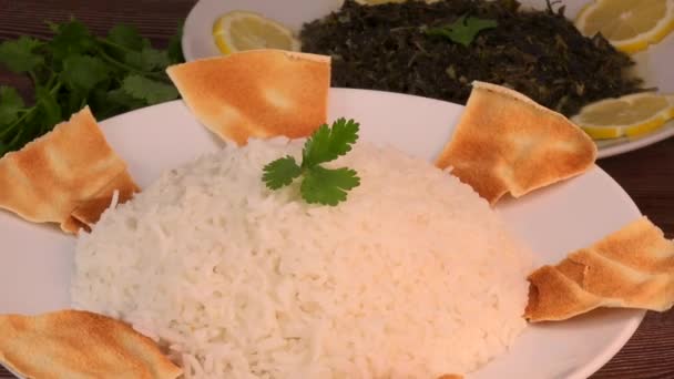 Libanoni Recept Mouloukhia Melokhiyah Corete Levél Koriander Rizs Csirke Grillezett — Stock videók