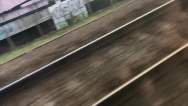 Pohled Železniční Trať Oken Vlaku Zpomaleném Pohybu Imitace Jízdy Vlakem — Stock video