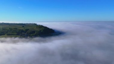 Baharda Bordeaux üzüm bağının sisli havadan görünüşü, Sainte Croix du Mont, Gironde, Fransa. Yüksek kalite 4k görüntü