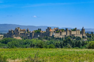 Occitania, Aude, Fransa 'daki Görkemli Ortaçağ Şehir Carcassonne ve üzüm bağları Kalesi. Yüksek kalite fotoğraf