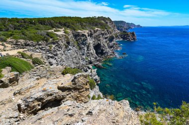Vahşi sahilde güneşli bir gün Porquerolles Adası, Kayalık ve deniz, Fransa, yüksek kaliteli fotoğraf