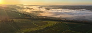 Fransa, Gironde, Langoiran, Entre-Deux-Mers, Bordeaux üzüm bağlarındaki Premieres Cotes de Bordeaux üzüm bağının hava manzarası, Garonne nehri üzerindeki sis ile birlikte gün doğumunda. Yüksek kalite fotoğraf
