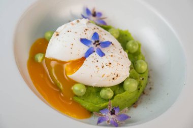 Taze bezelye püresi güzel bir şekilde kaplanmış, ortasında haşlanmış bir yumurta ve borage çiçekleriyle süslenmiş. Yemek canlı renkler ve dokular sergiliyor, her bahar menüsü için mükemmel..