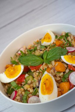 Haşlanmış yumurta ve limon suyu ve zeytinyağıyla giyinmiş taze yapılmış salata özellikleri kızarmış kabak, havuç, soğan, kırmızı biber ve fesleğen..