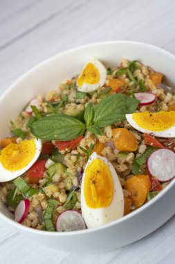 Haşlanmış yumurta ve limon suyu ve zeytinyağıyla giyinmiş taze yapılmış salata özellikleri kızarmış kabak, havuç, soğan, kırmızı biber ve fesleğen..